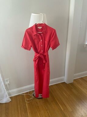 Boden Linen Red Tie-Waist Midi Shirt Dress